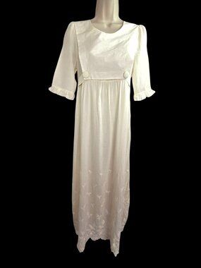 TBA Silk Cotton Embroidered Maxi Dress Womens S Ivory Empire Tie Scalloped Lined
